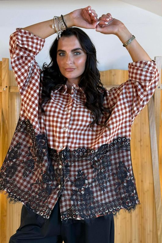 Zeta Otto Brushed Cotton Boxy Gingham Lace Blouse Ginger /9=